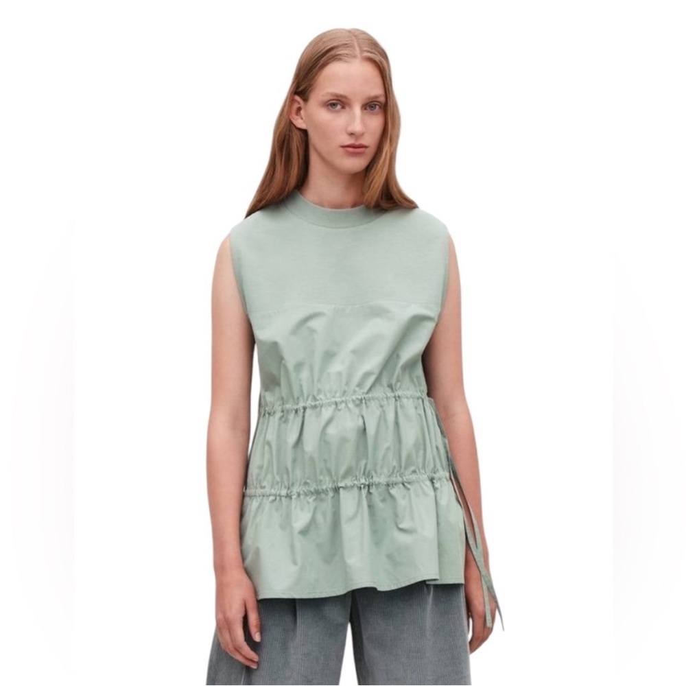 COS Ruched Gathered Woven Jersey Mix top M